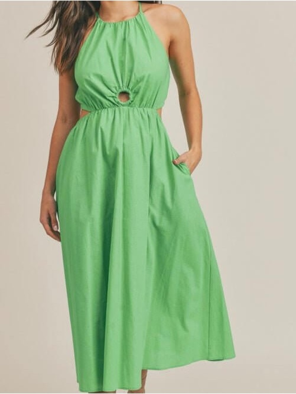 &merci Women’s Sleeveless Green Halter Maxi Dress with Center Ring - Size Medium
